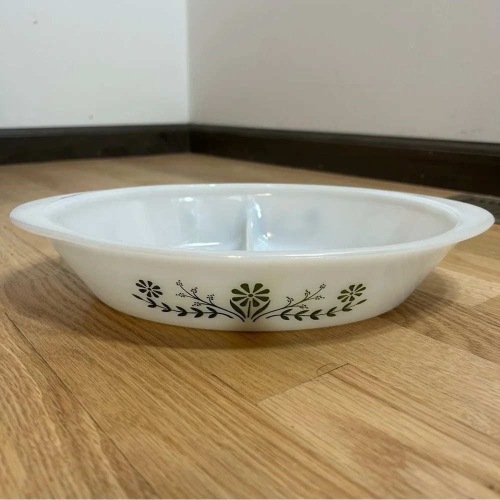 Vintage Glasbake Divided Casserole Dish Green Daisy Floral